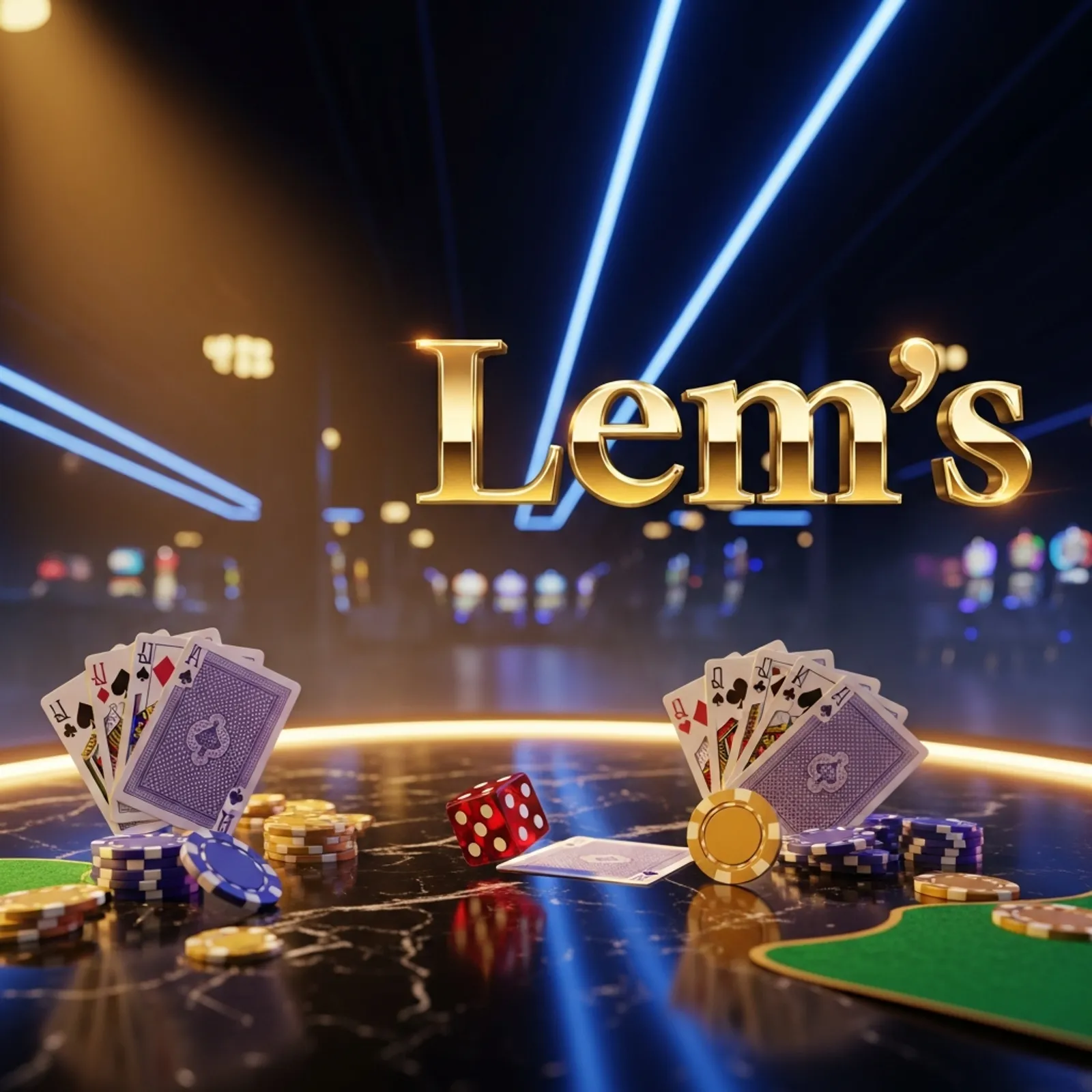 Lem's luxury casino hero banner with gold logo, cards, chips, red die on marble, and blurred amber-blue lights